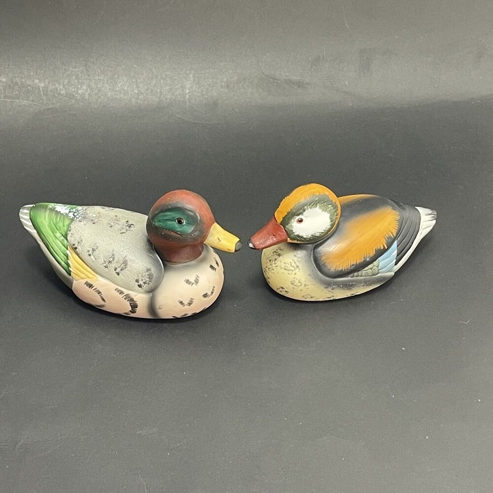 Pair Vintage Enesco Porcelain Decoy Ducks Mallard 1984 1985 Set Of 2